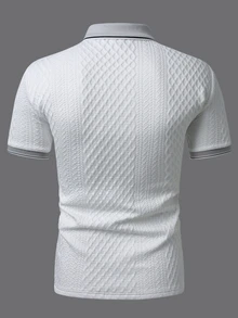 Manfinity Homme Men's Knitted Jacquard Solid Color Textured Collar And Cuffs Ribbed Striped Two-Button White Polo Shirt - White - View 2