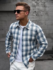 Manfinity CasualCool Men's Plaid Long Sleeve Single-Breasted Casual Commuter Shirt - Baby Blue - View 4