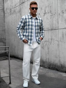 Manfinity CasualCool Men's Plaid Long Sleeve Single-Breasted Casual Commuter Shirt - Baby Blue - View 6