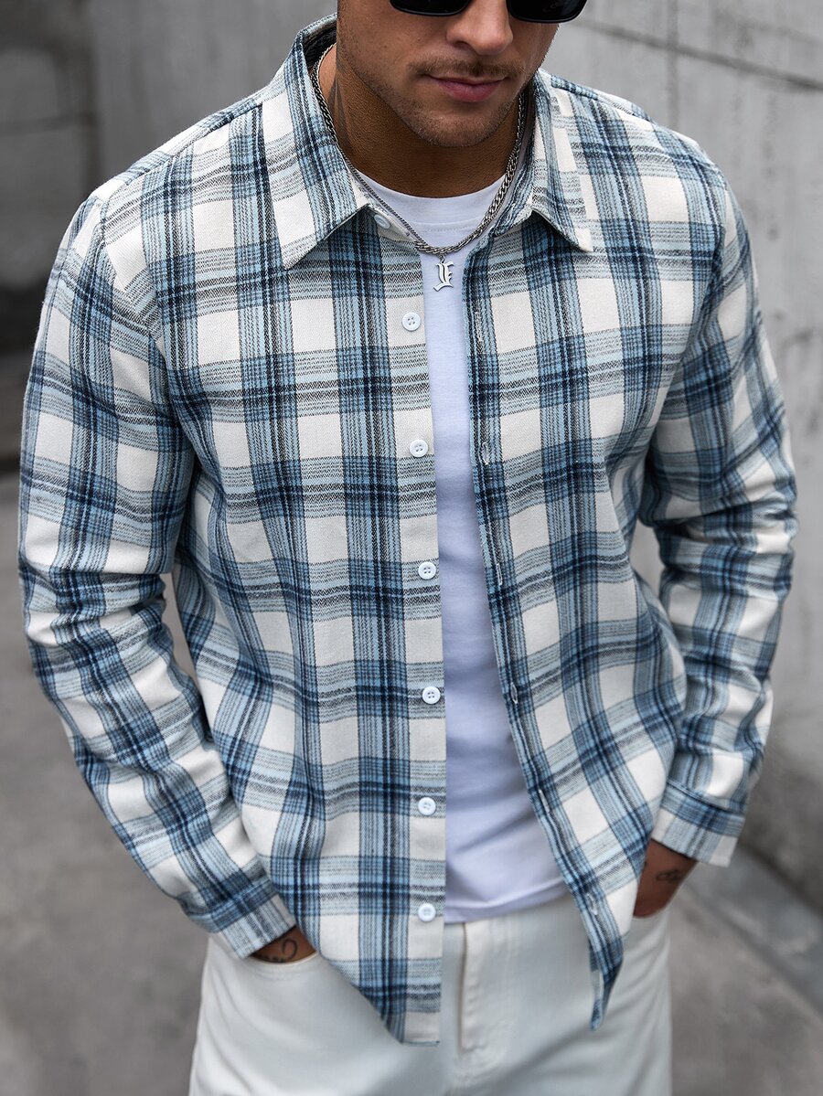 Manfinity CasualCool Men's Plaid Long Sleeve Single-Breasted Casual Commuter Shirt - Baby Blue - View 1