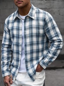 Manfinity CasualCool Men's Plaid Long Sleeve Single-Breasted Casual Commuter Shirt - Baby Blue - View 1