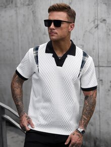 Manfinity CasualCool 男士拼色拼接格紋短袖休閒 Polo 衫 - 白色 - 查看 4