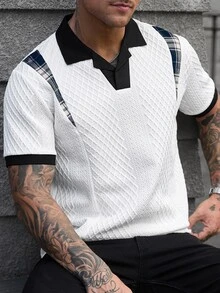 Manfinity CasualCool 男士拼色拼接格紋短袖休閒 Polo 衫 - 白色 - 查看 6