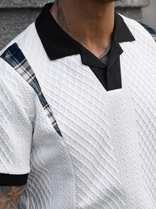 Manfinity CasualCool 男士拼色拼接格紋短袖休閒 Polo 衫 - 白色 - 查看 5