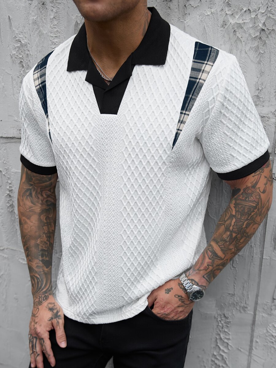Manfinity CasualCool 男士拼色拼接格紋短袖休閒 Polo 衫 - 白色 - 查看 1