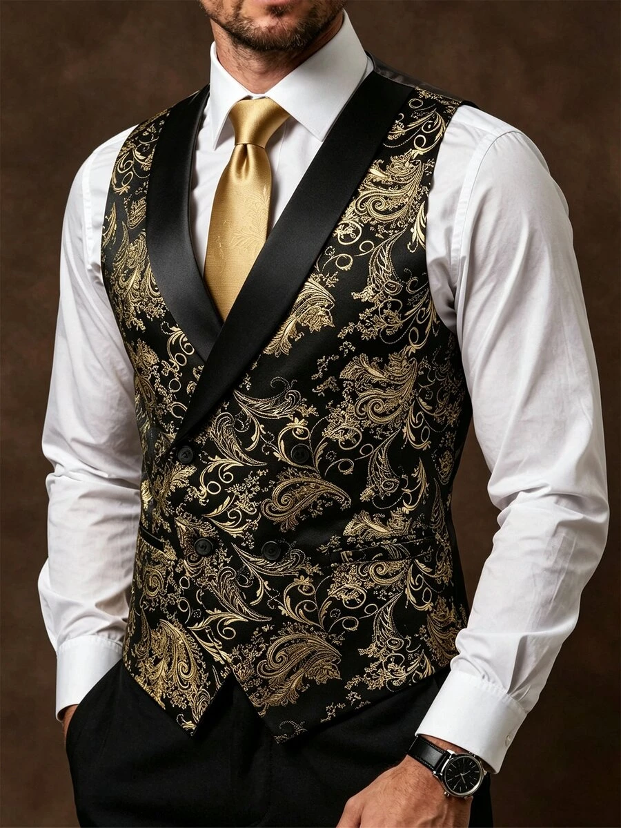 Manfinity AFTRDRK Chaleco negro y dorado para hombre, elegante para Navidad, boda formal y otoño - Multicolor - Ver 1