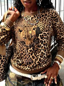 Lalippa Women Crew Neck Long‑Sleeve Sweatshirt, All‑Over Leopard Print With 3D Realistic Leopard Head Graphic, Ribbed Cuff Hem Drop Shoulder Loose Pullover - Black - View 7