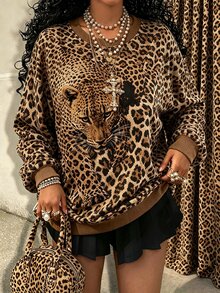 Lalippa Women Crew Neck Long‑Sleeve Sweatshirt, All‑Over Leopard Print With 3D Realistic Leopard Head Graphic, Ribbed Cuff Hem Drop Shoulder Loose Pullover - Black - View 4