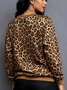 Lalippa Women Crew Neck Long‑Sleeve Sweatshirt, All‑Over Leopard Print With 3D Realistic Leopard Head Graphic, Ribbed Cuff Hem Drop Shoulder Loose Pullover - Black - View 5