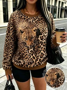 Lalippa Women Crew Neck Long‑Sleeve Sweatshirt, All‑Over Leopard Print With 3D Realistic Leopard Head Graphic, Ribbed Cuff Hem Drop Shoulder Loose Pullover - Black - View 1