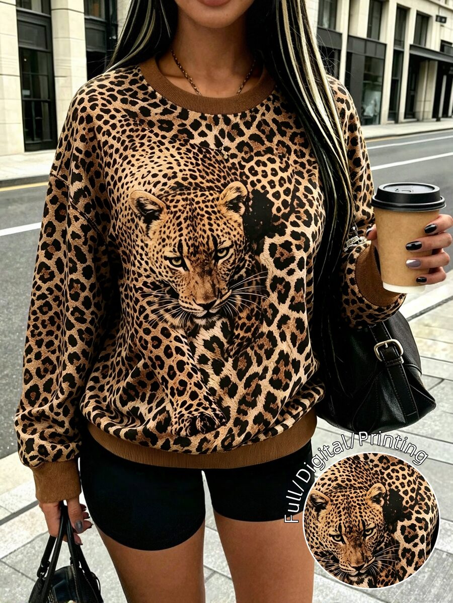 Lalippa Women Crew Neck Long‑Sleeve Sweatshirt, All‑Over Leopard Print With 3D Realistic Leopard Head Graphic, Ribbed Cuff Hem Drop Shoulder Loose Pullover - Black - View 1