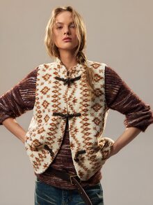 SHEIN Women's Stand Collar Lamb Wool Frog Button Sleeveless Vintage Fashion Loose Casual Versatile Regular Jacket - Apricot - View 4