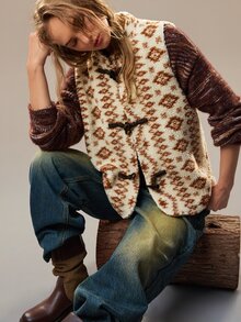 SHEIN Women's Stand Collar Lamb Wool Frog Button Sleeveless Vintage Fashion Loose Casual Versatile Regular Jacket - Apricot - View 6