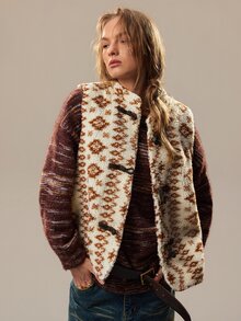 SHEIN Women's Stand Collar Lamb Wool Frog Button Sleeveless Vintage Fashion Loose Casual Versatile Regular Jacket - Apricot - View 7