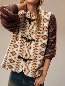 SHEIN Women's Stand Collar Lamb Wool Frog Button Sleeveless Vintage Fashion Loose Casual Versatile Regular Jacket - Apricot - View 5