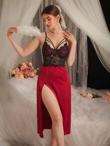 DelicateAllure Women Sexy Lace Patchwork Slit Nightgown - Burgundy - View 1