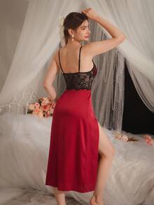 DelicateAllure Women Sexy Lace Patchwork Slit Nightgown - Burgundy - View 2