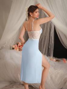 DelicateAllure Sexy Lace Patchwork Split Hem Women's Nightgown - Mint Green - View 2