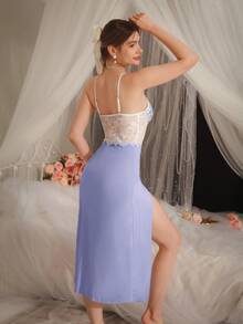 DelicateAllure Sexy Lace Patchwork Split Hem Women's Nightgown - Lilac Purple - View 2
