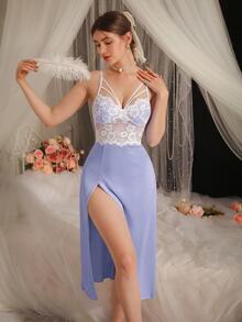DelicateAllure Sexy Lace Patchwork Split Hem Women's Nightgown - Lilac Purple - View 1