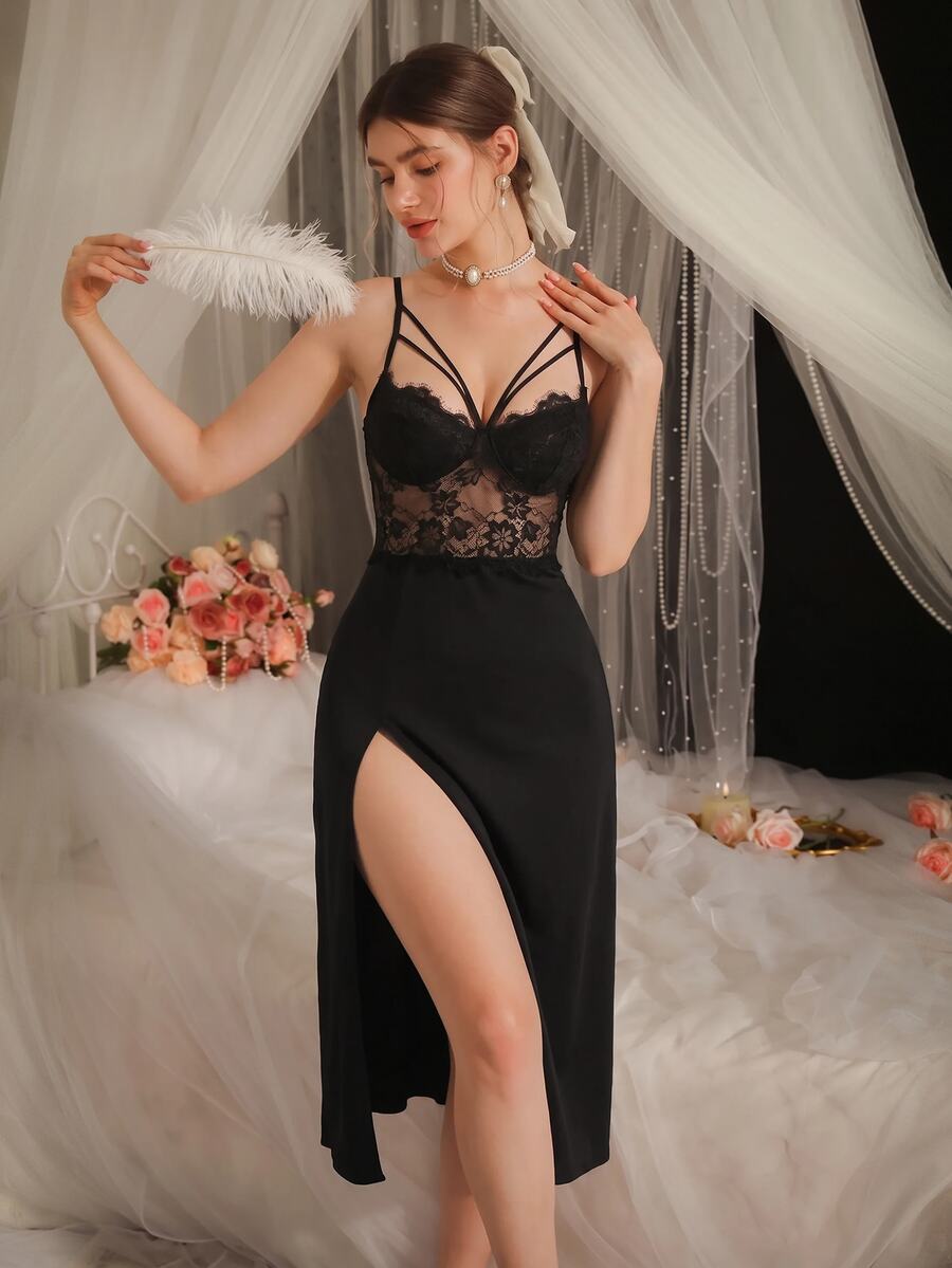 DelicateAllure Sexy Lace Patchwork Slit Women Nightgown - Black - View 1