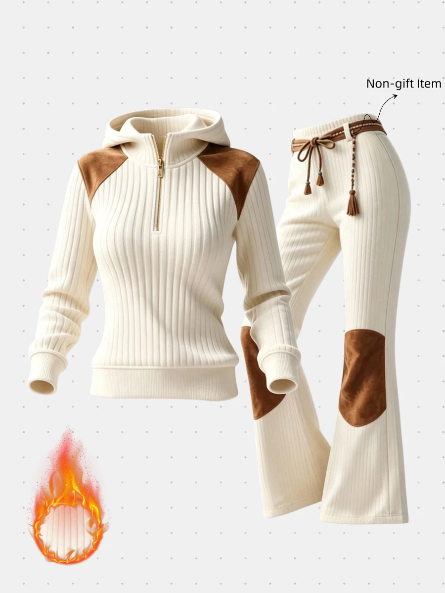 GlowEve Fall Clothes FOR WomenWomen's Colorblock Hooded Long Sleeve Top And Pants Casual Daily 2 Pieces Set - Multicolor - View 1