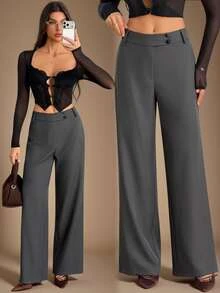 SHEIN Tall Stylish, Minimalist, And Modern High-Waisted Grey Straight-Leg Trousers For Tall Women. - Grey - View 4
