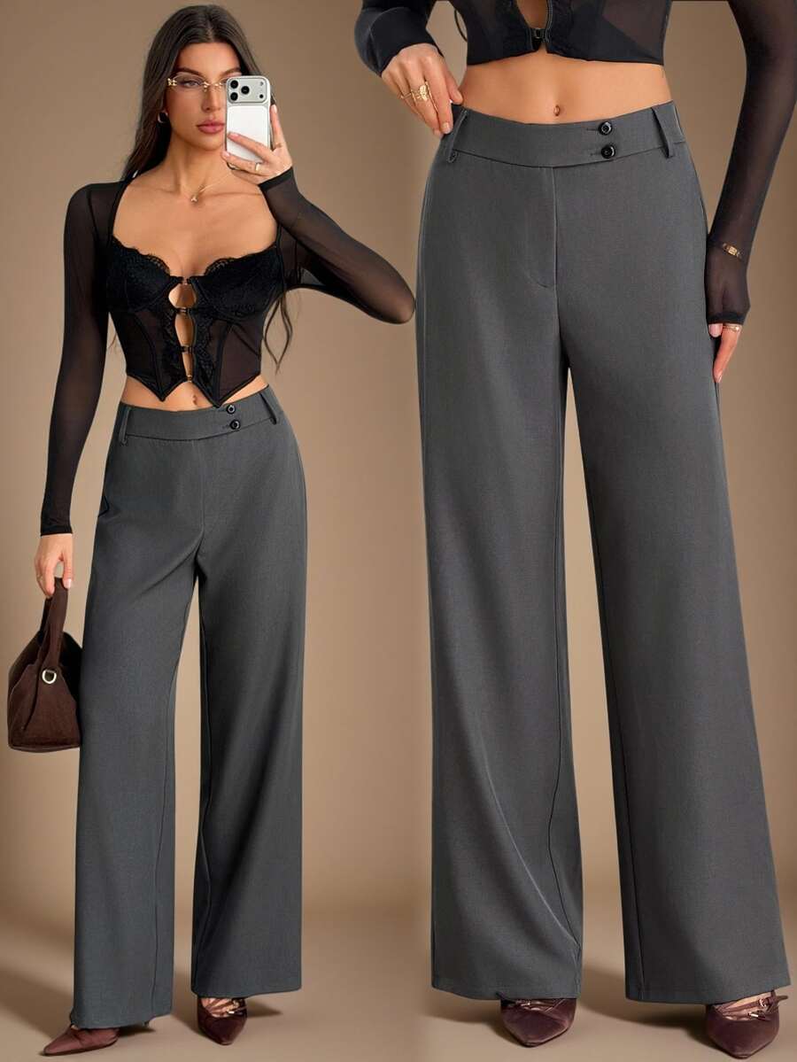 SHEIN Tall Stylish, Minimalist, And Modern High-Waisted Grey Straight-Leg Trousers For Tall Women. - Grey - View 1