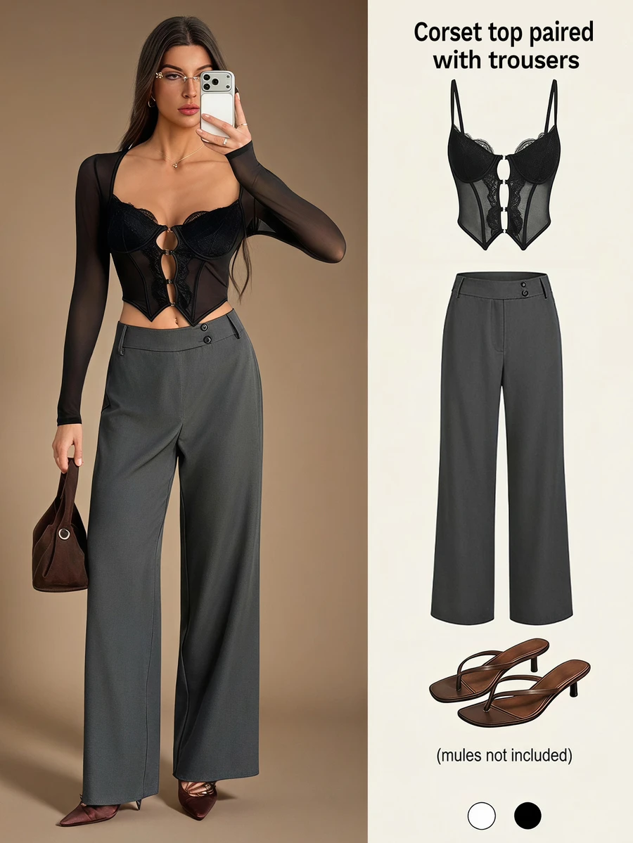 SHEIN Tall Stylish, Minimalist, And Modern High-Waisted Grey Straight-Leg Trousers For Tall Women. - Grey - View 1