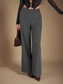 SHEIN Tall Stylish, Minimalist, And Modern High-Waisted Grey Straight-Leg Trousers For Tall Women. - Grey - View 6
