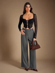 SHEIN Tall Stylish, Minimalist, And Modern High-Waisted Grey Straight-Leg Trousers For Tall Women. - Grey - View 7