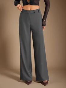 SHEIN Tall Stylish, Minimalist, And Modern High-Waisted Grey Straight-Leg Trousers For Tall Women. - Grey - View 3