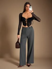 SHEIN Tall Stylish, Minimalist, And Modern High-Waisted Grey Straight-Leg Trousers For Tall Women. - Grey - View 8