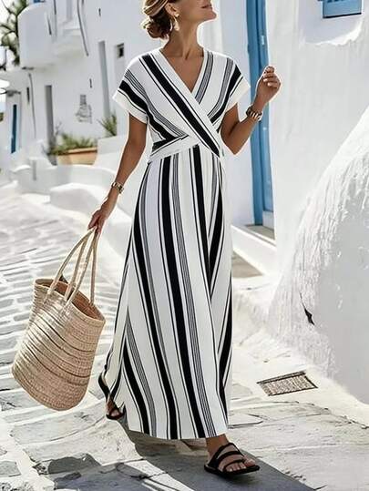 SHEIN Holidaya Black And White Checkered Summer Elegant Holiday Vacation Holiday,Striped Maxi Dress Short-Sleeve Waist-Tie Women's Greece Resort Wear Outfit Casual