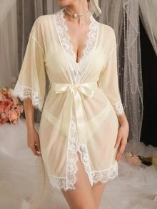 DelicateAllure 女款純色對比蕾絲腰綁帶優雅晨袍 - 香檳色 - 查看 3