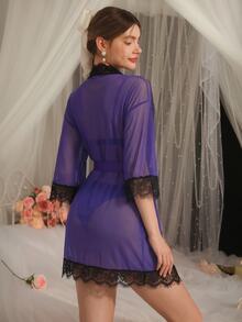 DelicateAllure Women's Colorblock Lace Waist Tie Elegant Nightgown - Purple - View 2
