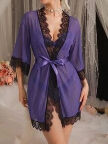 DelicateAllure Women's Colorblock Lace Waist Tie Elegant Nightgown - Purple - View 3