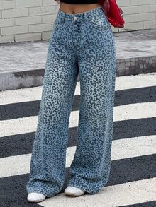 DAZY Women's Leopard Print Pocket Button Casual Versatile Daily Wear Wide Leg Jeans - Blue - View 4