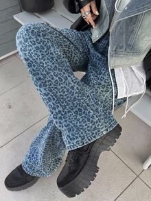 DAZY Women's Leopard Print Pocket Button Casual Versatile Daily Wear Wide Leg Jeans - Blue - View 6