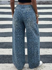 DAZY Women's Leopard Print Pocket Button Casual Versatile Daily Wear Wide Leg Jeans - Blue - View 2