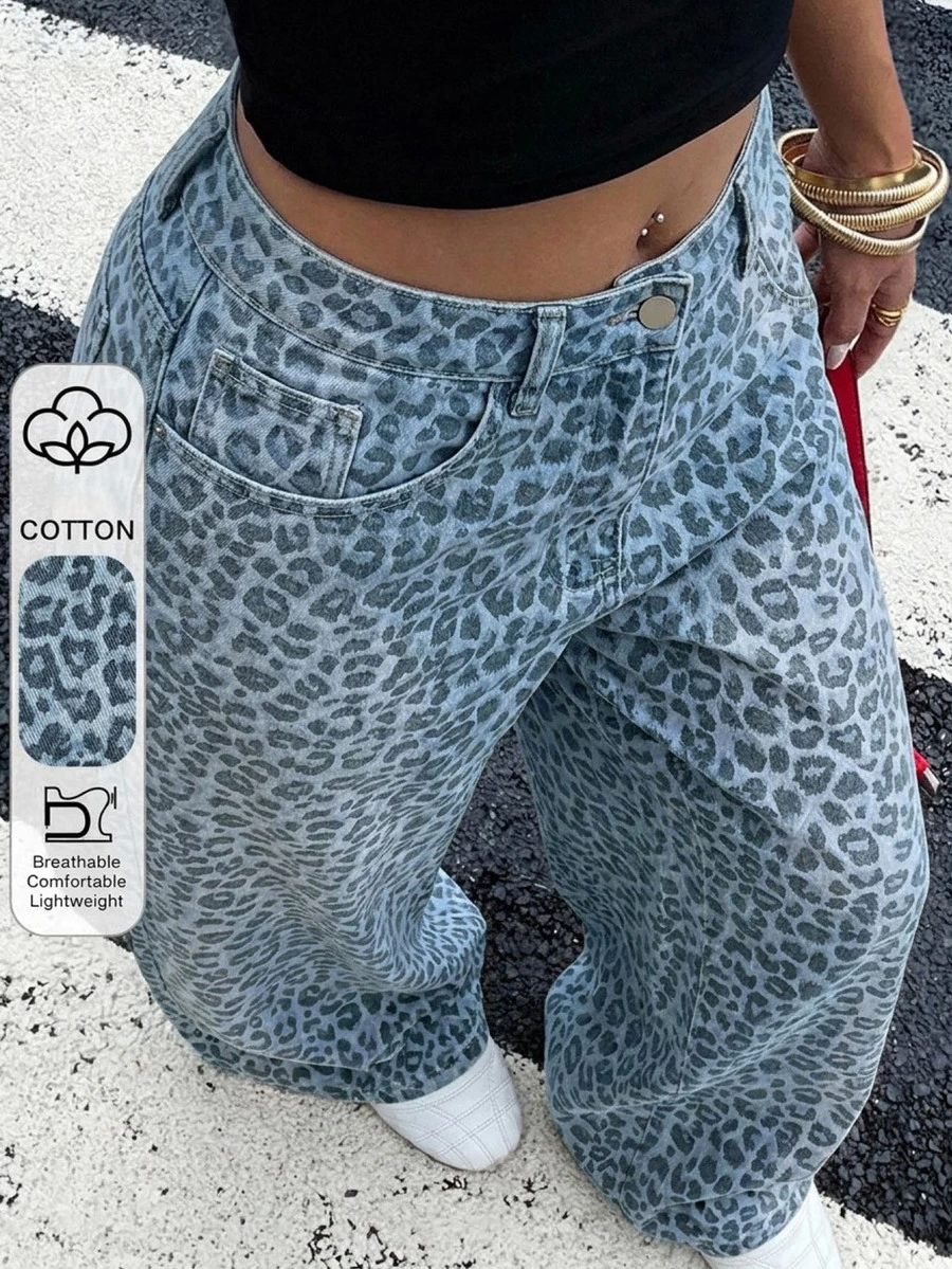 DAZY Women's Leopard Print Pocket Button Casual Versatile Daily Wear Wide Leg Jeans - Blue - View 1