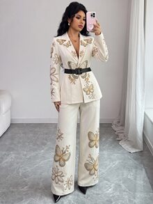 SHEIN 女款蝴蝶圖案長袖夾克與長褲休閒成熟優雅通勤晚餐生日企業套裝套裝雞尾酒會白色與金色秋季 - 杏色 - 查看 7