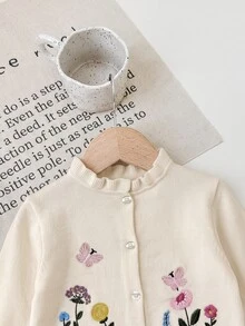 Baby Girl Floral Embroidered Pattern Single-Breasted Casual Daily Long Sleeve Autumn Winter Cardigan - Apricot - View 4