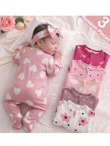 SHEIN 3pcs Newborn Baby Girl Casual Cute Floral Knitted Long Sleeve Romper Pajama Set - Pink - View 7