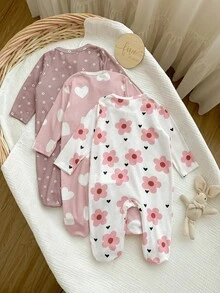 SHEIN 3pcs Newborn Baby Girl Casual Cute Floral Knitted Long Sleeve Romper Pajama Set - Pink - View 3
