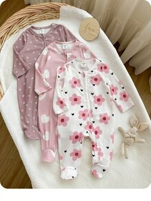 SHEIN 3pcs Newborn Baby Girl Casual Cute Floral Knitted Long Sleeve Romper Pajama Set - Pink - View 2