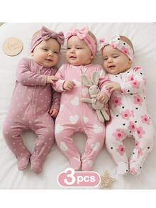 SHEIN 3pcs Newborn Baby Girl Casual Cute Floral Knitted Long Sleeve Romper Pajama Set - Pink - View 1