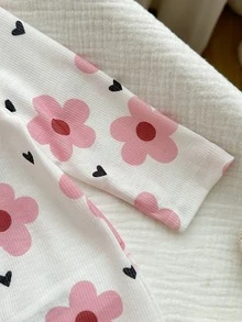 SHEIN 3pcs Newborn Baby Girl Casual Cute Floral Knitted Long Sleeve Romper Pajama Set - Pink - View 5
