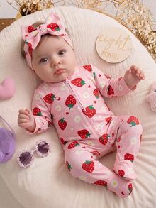 SHEIN 1 Random Piece Newborn Baby All-Over Print Long Sleeve Jumpsuit Long Pants Casual Daily Home Pajamas - Pink - View 3