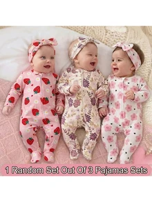 SHEIN 1 Random Piece Newborn Baby All-Over Print Long Sleeve Jumpsuit Long Pants Casual Daily Home Pajamas - Pink - View 4